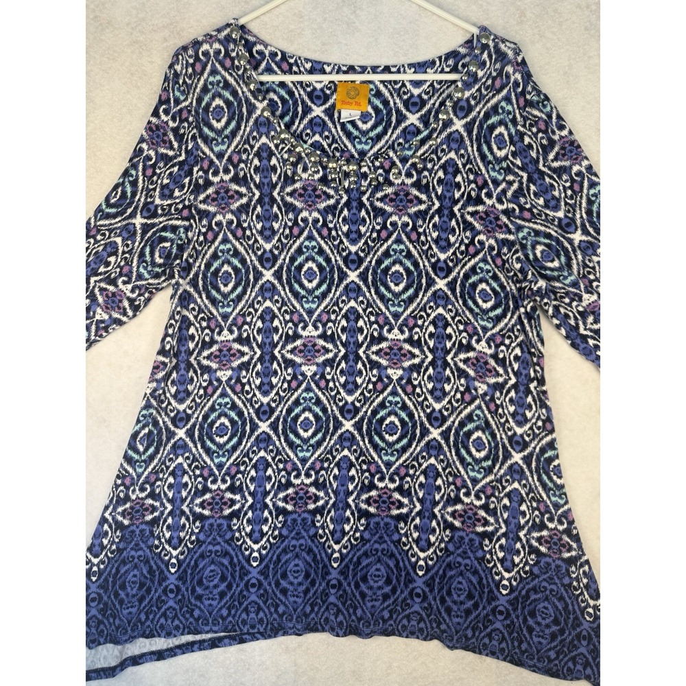 Ruby‎ Rd Ikat Print Tunic Top Blue Beaded Neckline 3/4 Sleeve Size L